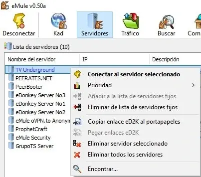 Opciones del servidor eMule o aMule
